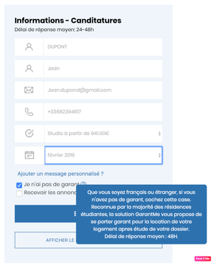 En cochant "je n'ai pas de garant", location-etudiant.fr vous proposera automatiquement Garantme