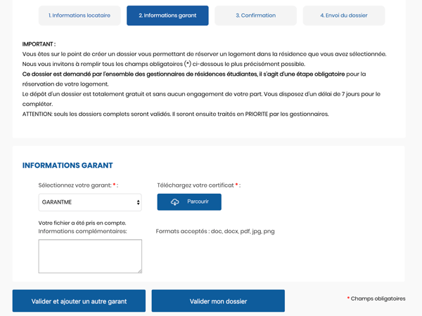 A la deuxième étape, vous pourrez renseigner votre garant
